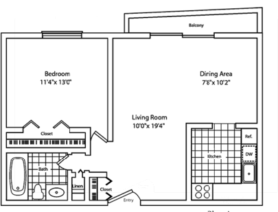 Floor plan for 1 bed, 1 bath, 680 sqft